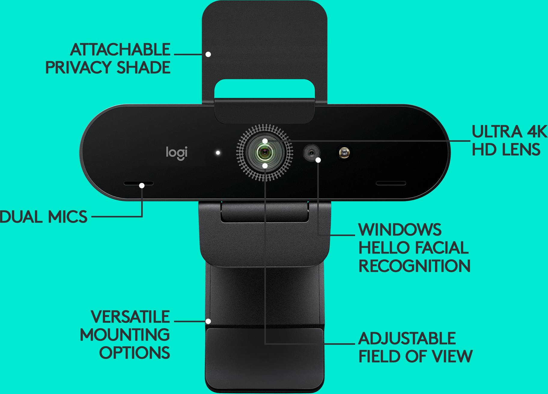 A webcam with a removable lens cover, two microphones, 4K HD lens, Windows Hello facial recognition, and adjustable field of view.