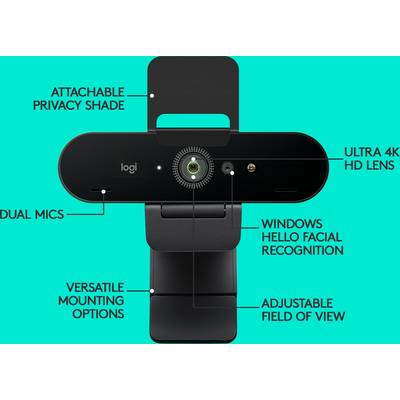 A webcam with a removable lens cover, two microphones, 4K HD lens, Windows Hello facial recognition, and adjustable field of view.