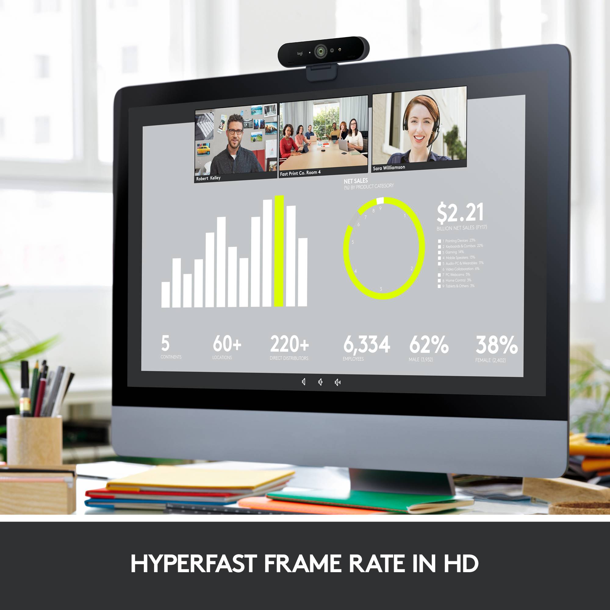 Describes a video conference display with graphics showing participant statistics and the text 'Extremely high frame rate in HD quality'.