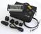A digital inclinometer set with accessories, including charging cable, adapter, instruction manual and a black carry case.