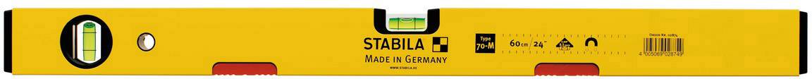 Spirit level with a yellow casing, green liquid container on top, brand 'Stabila', 'Made in Germany'.
