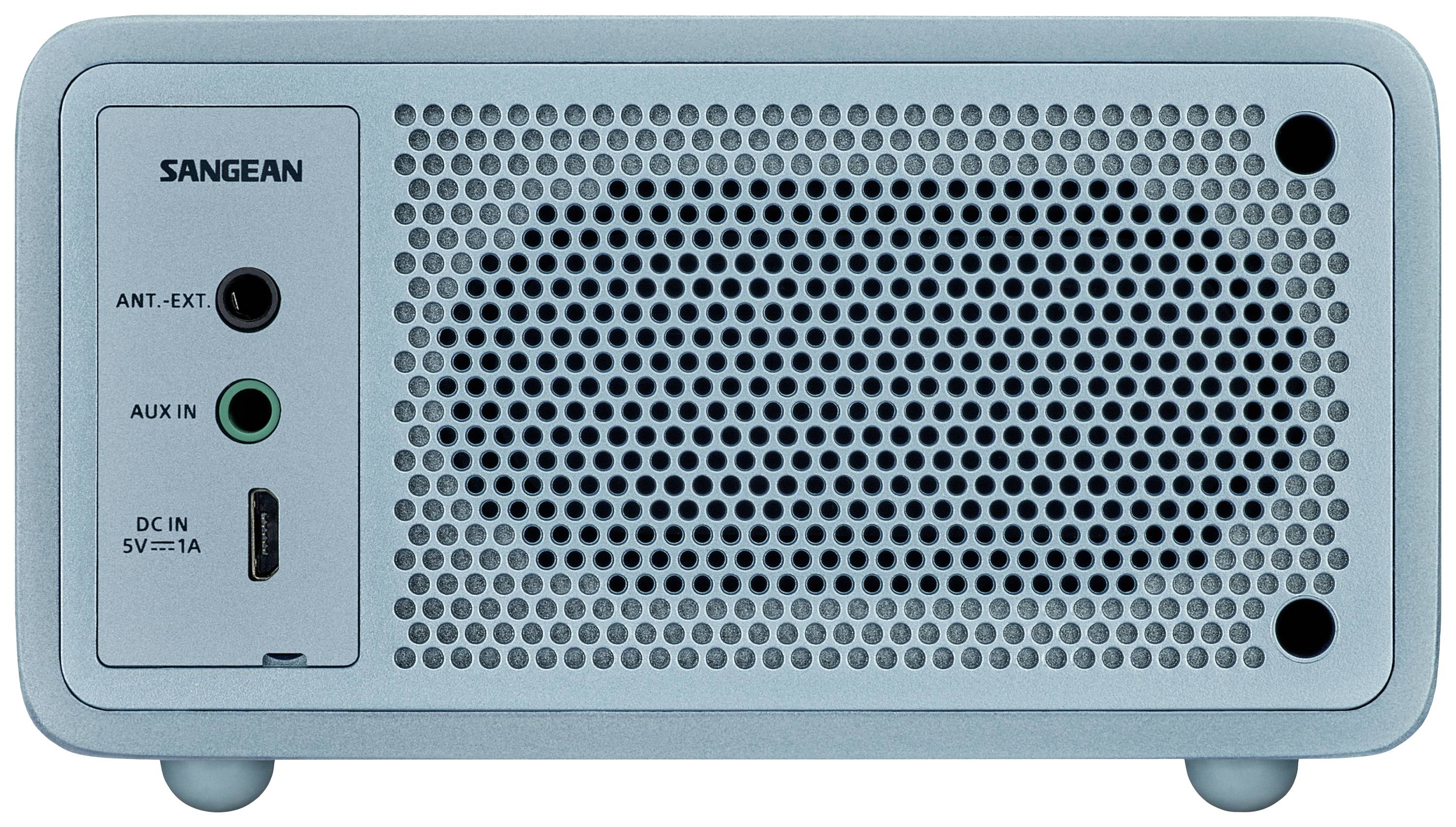 A light blue, rectangular speaker with a perforated front. Connections on the left for antenna, AUX, and power.