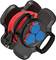 Black cable reel with red cable and three blue sockets, suitable for indoor and outdoor use.