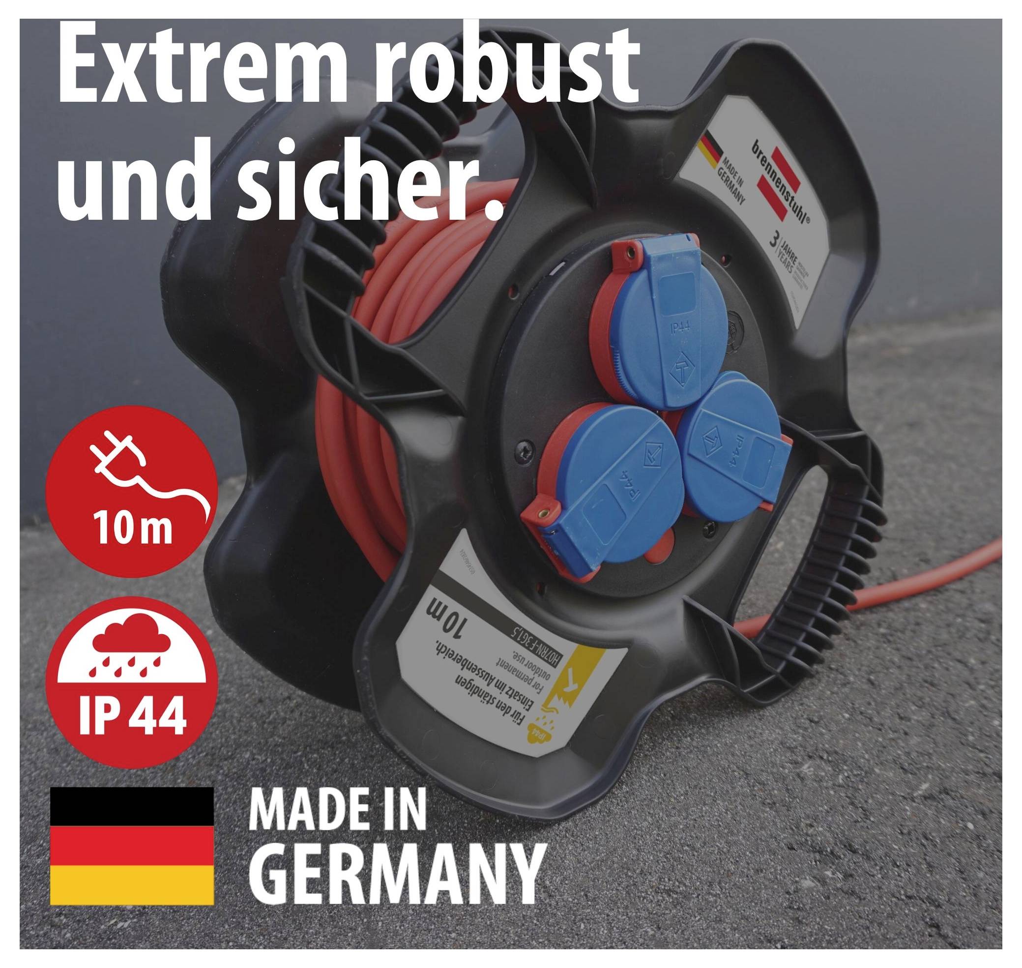 Robust cable reel with 10 m cable, IP44 and 'Made in Germany'; text in image: 'Extremely robust and secure.'