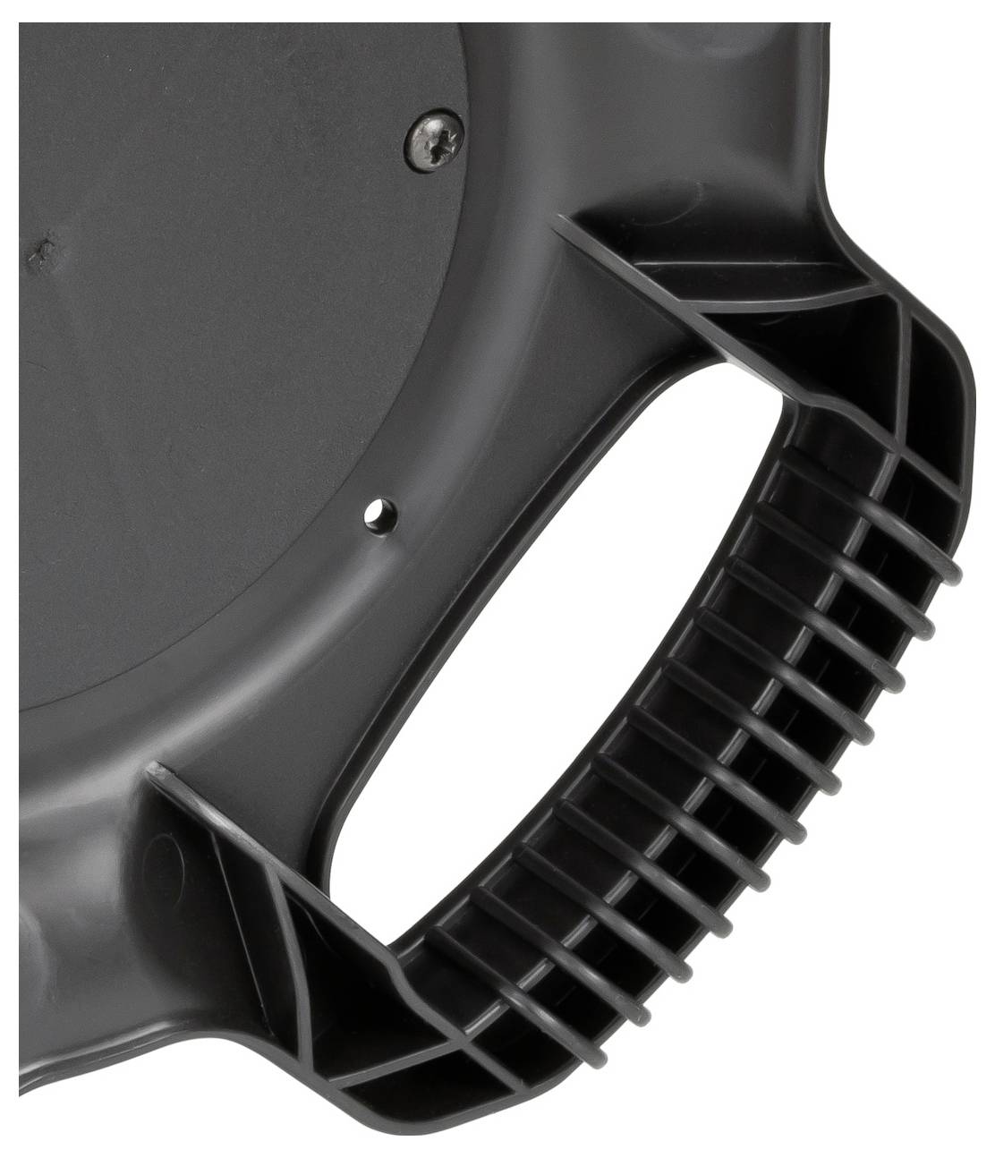 Close-up of a black plastic handle with a ribbed grip on a round device, shown against a white background.