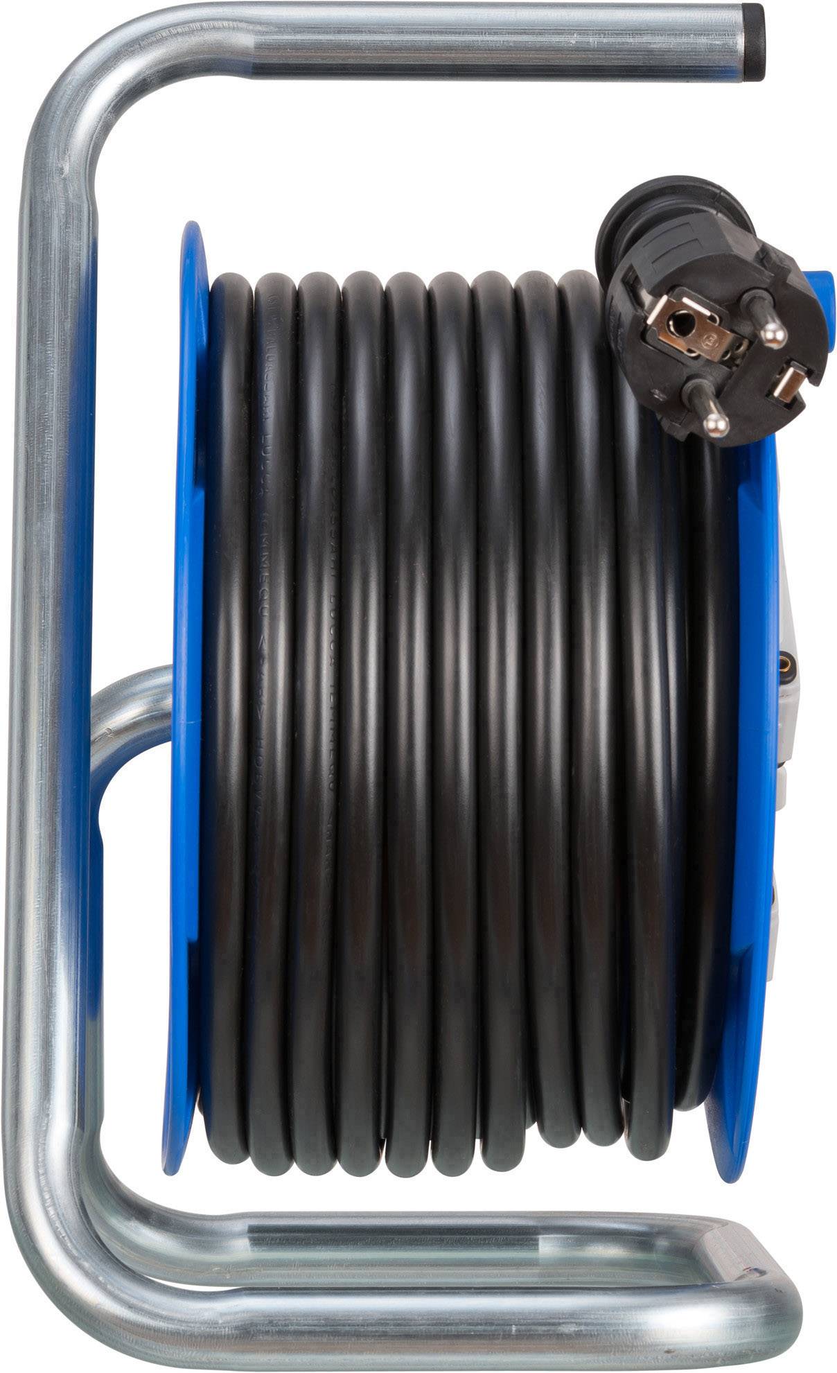 A blue cable reel with a black cable, wound up and ready for use, with a three-pin plug visible at the top.