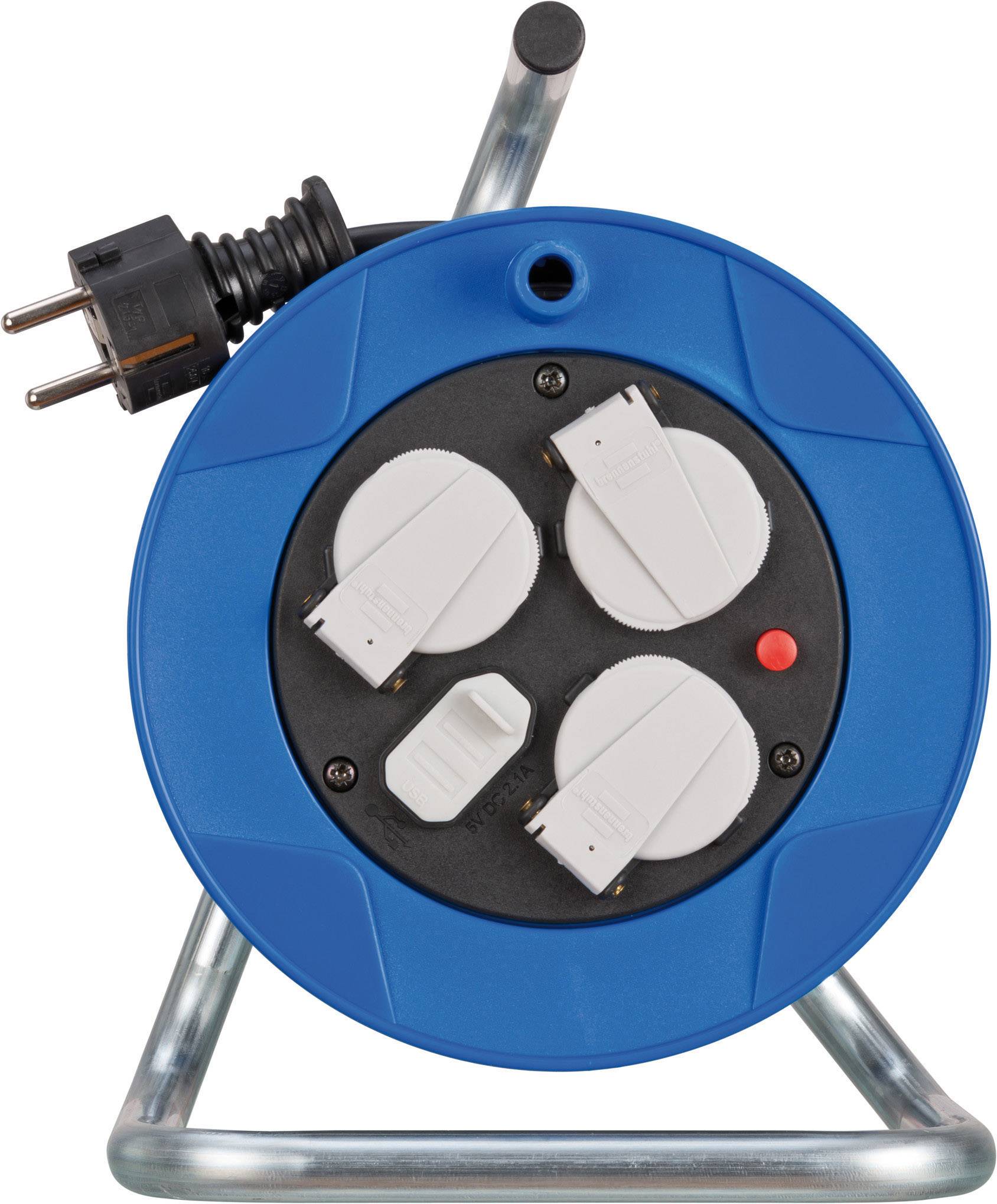 A blue cable reel housing with three white electrical sockets, a switch, and a red indicator light, mounted on a metal stand.
