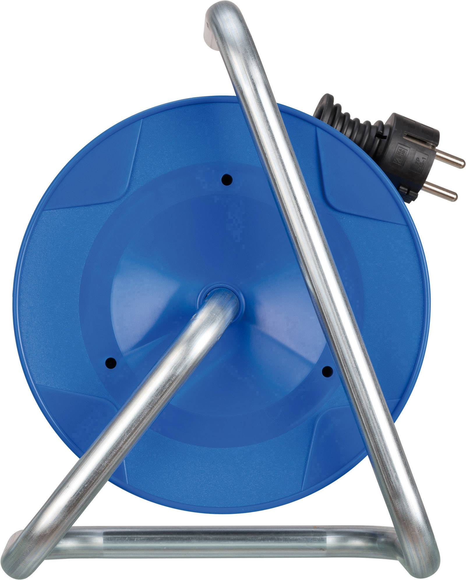 A blue cable reel with a silver metal frame and a black plug on top is lying on its side.