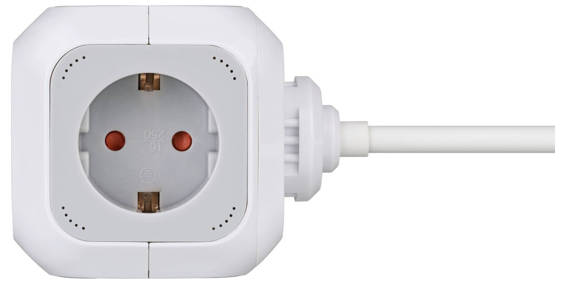 White electrical power socket with a plugged-in cable extending to the right on a plain background.
