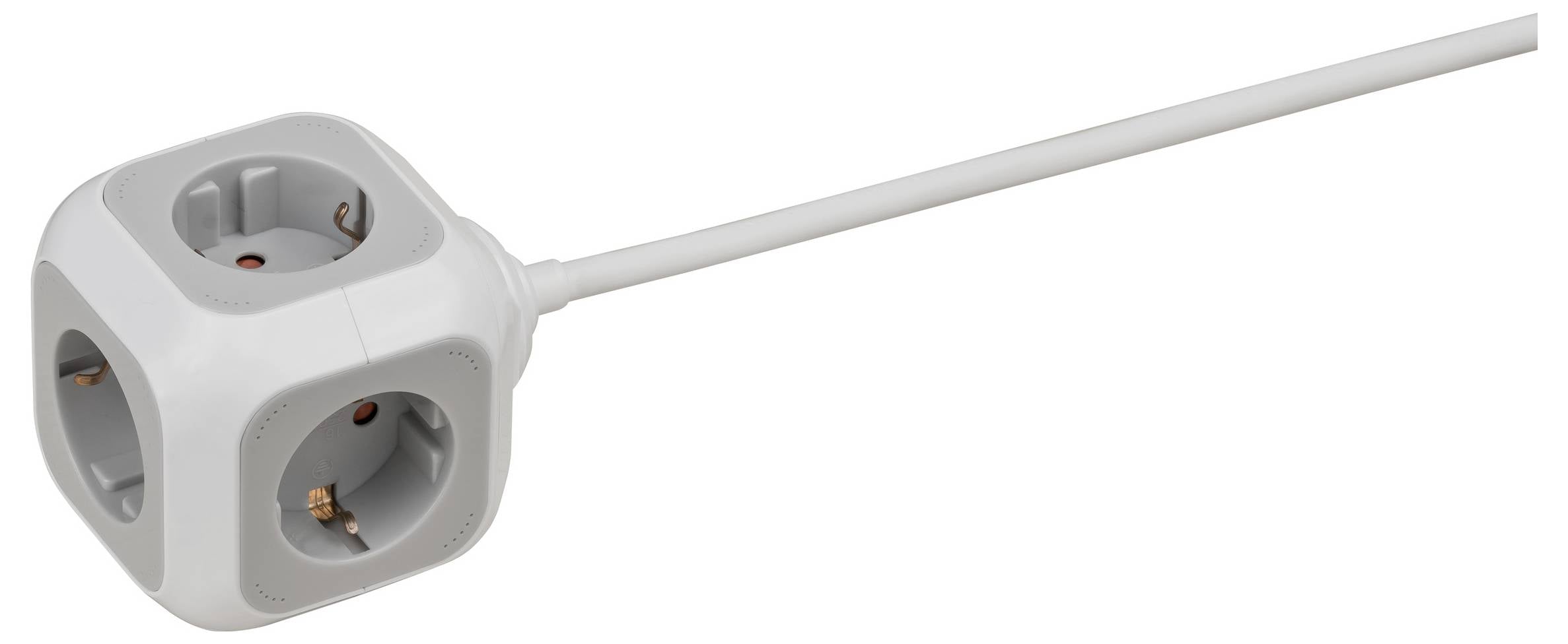 White cube-shaped power strip with multiple outlet sockets and a long attached cord on a white background.