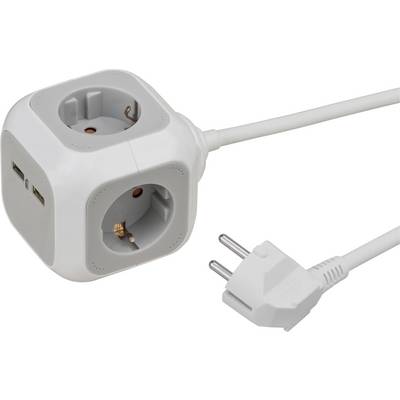 White power cube extension with multiple European-style outlets and two USB ports, attached to a two-prong plug and cord.