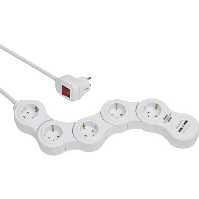 White power strip with five European outlets, a red on/off switch, and two built-in USB charging ports on the right end.