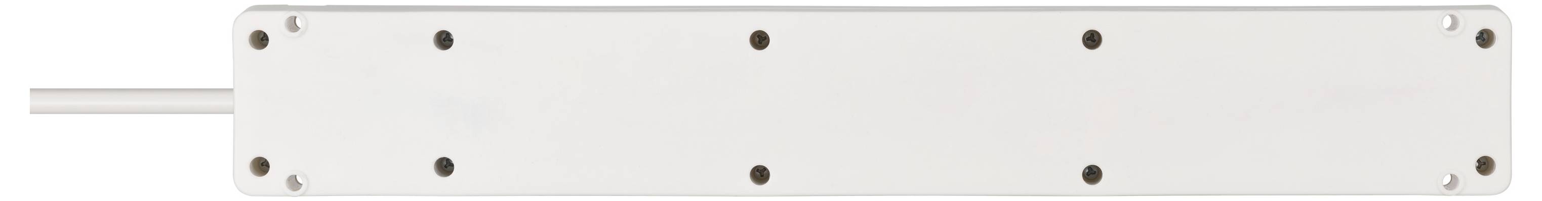 A white rectangular metal panel with evenly spaced screw holes, mounted on a white rod extending from the left.