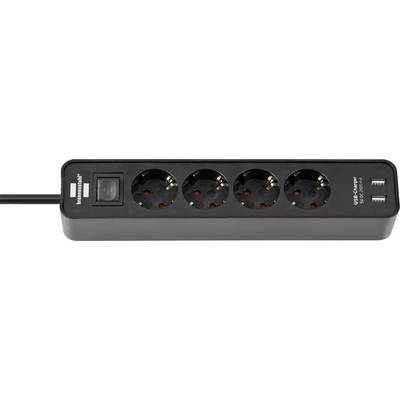 Black desktop power strip with four round outlets, a master switch, and two USB charging ports on the right.