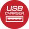 Red symbol with the inscription 'USB Charger' and a stylised USB port underneath, indicating a charging station.