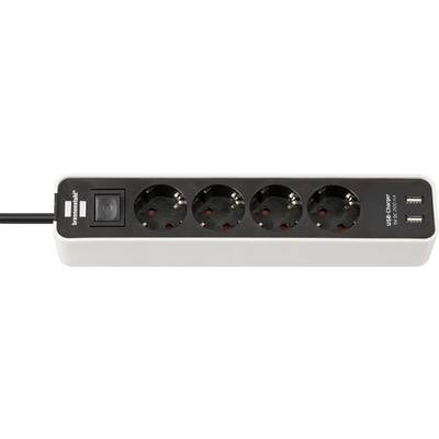 Power strip with five European outlets, one power switch, and two USB charging ports on the right side.