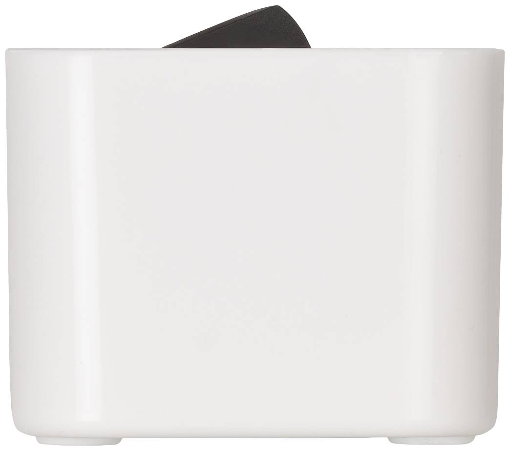 White toaster viewed from the side, with a black slice of toast visible on top, against a white background.