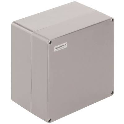 Metal enclosure with a rectangular shape and rounded corners, suitable for electrical installations. Enclosure has a matte, grey surface.