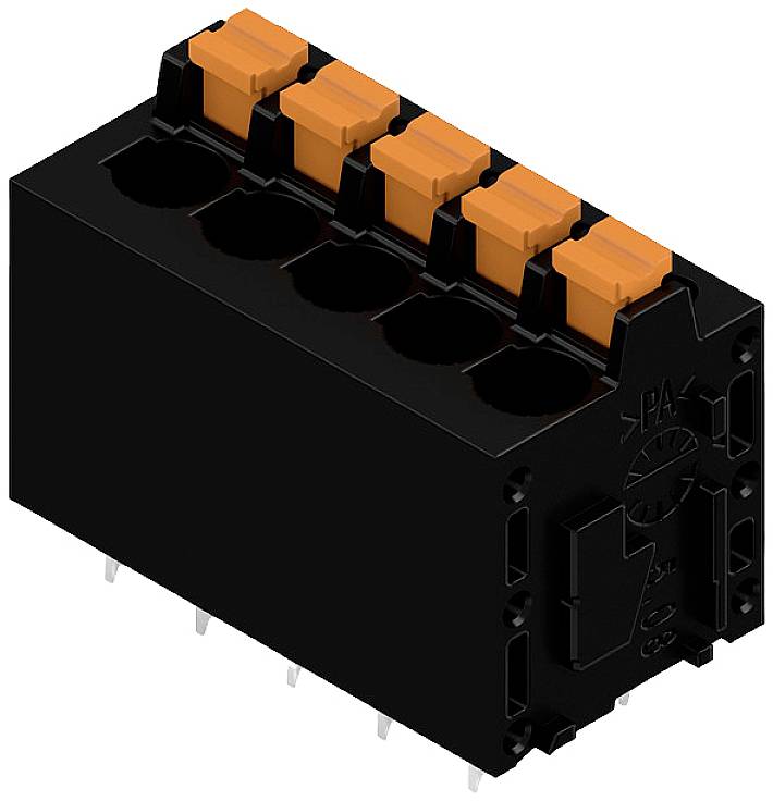 A black electrical connector with six orange levers for connection to electrical components.