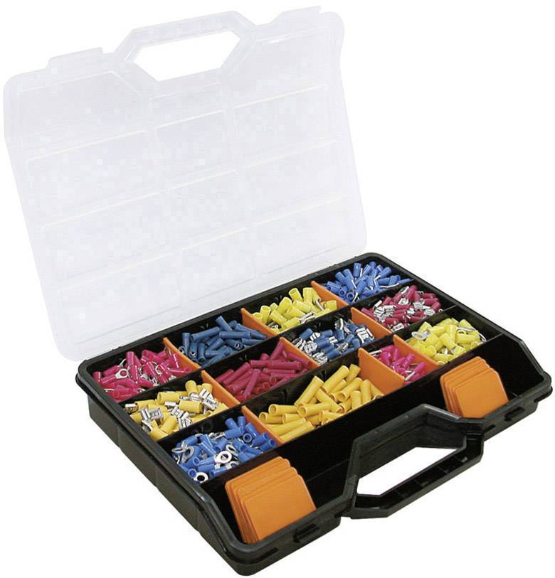 An opened toolbox with various coloured fasteners, neatly organised in compartments.