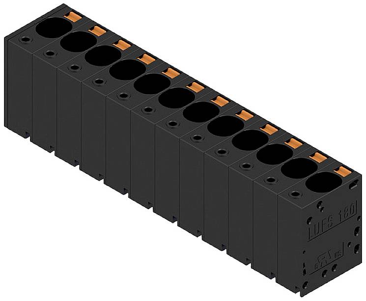 A black, rectangular electrical connector with ten orange terminal clamps arranged in a row.