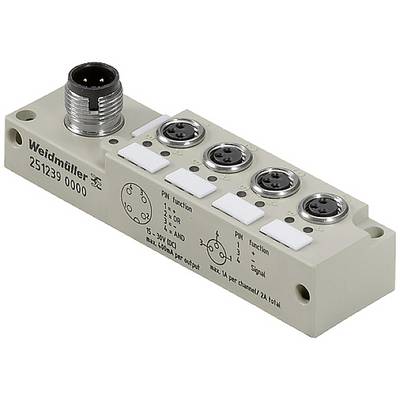 Compact Weidmüller distributor with four connections and a plug connection, labelled with function and pin numbers.