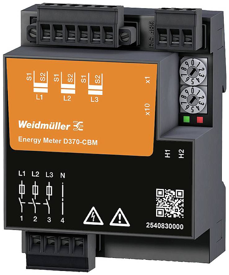 A black Weidmueller Energy Meter D370-CBM with orange labelling. Top rotary switch with green and red LED. Three-phase inputs marked with 'L1', 'L2', 'L3'. QR code bottom right.