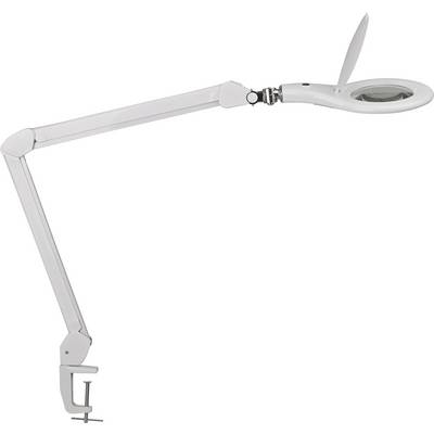 Adjustable white magnifying lamp with a clamp for securing to a table edge. Suitable for magnifying small details while working.