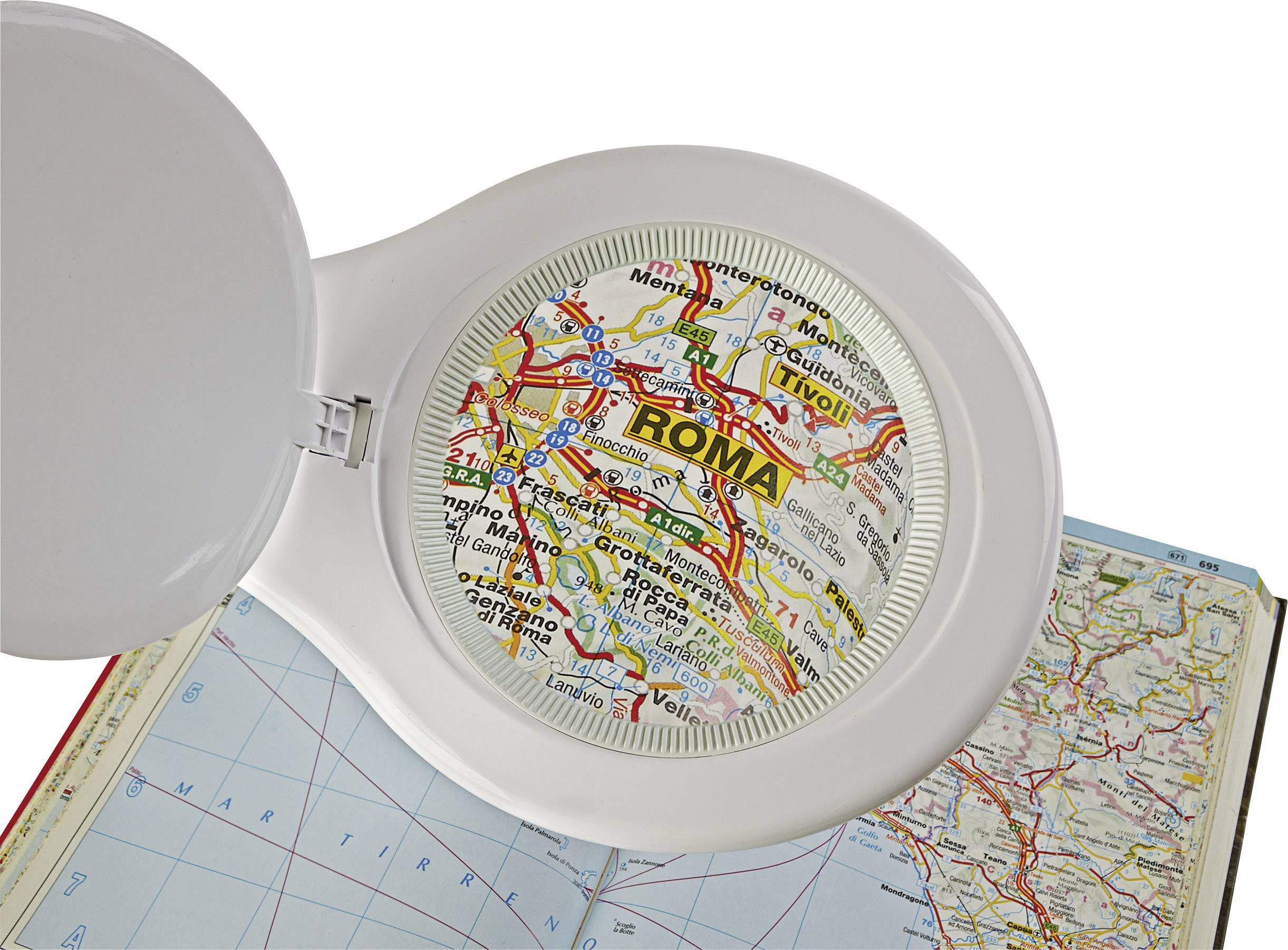 A magnifying glass enlarges a section of a map of Rome, highlighted with street names and symbols, with an open map of Europe above it.