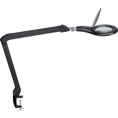 A black desk lamp with an adjustable arm, integrated magnifying glass, and a clamp for attaching to the table edge.