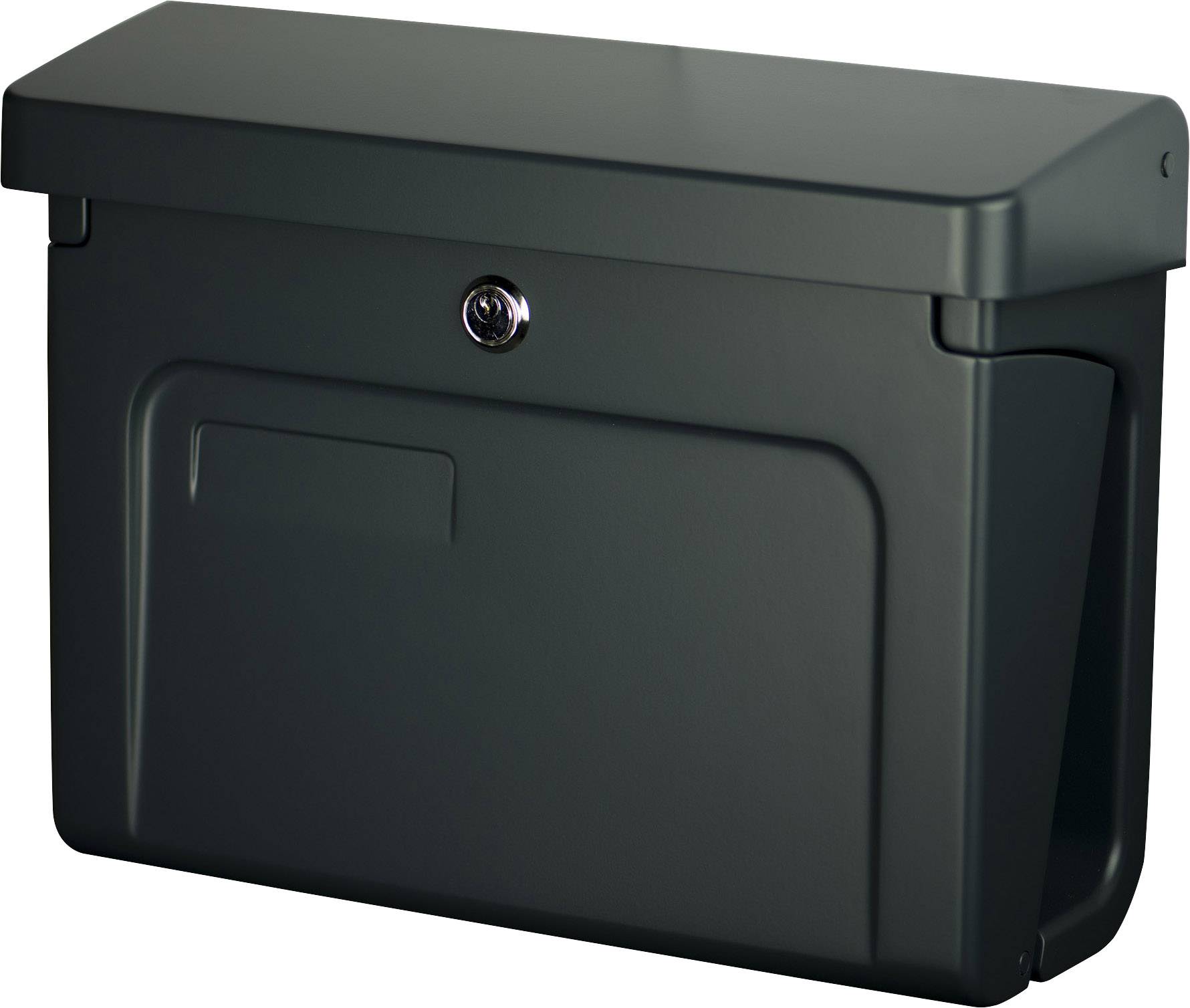 An anthracite-coloured letterbox with a lock. Rectangular shape, simple design, suitable for outdoor use.
