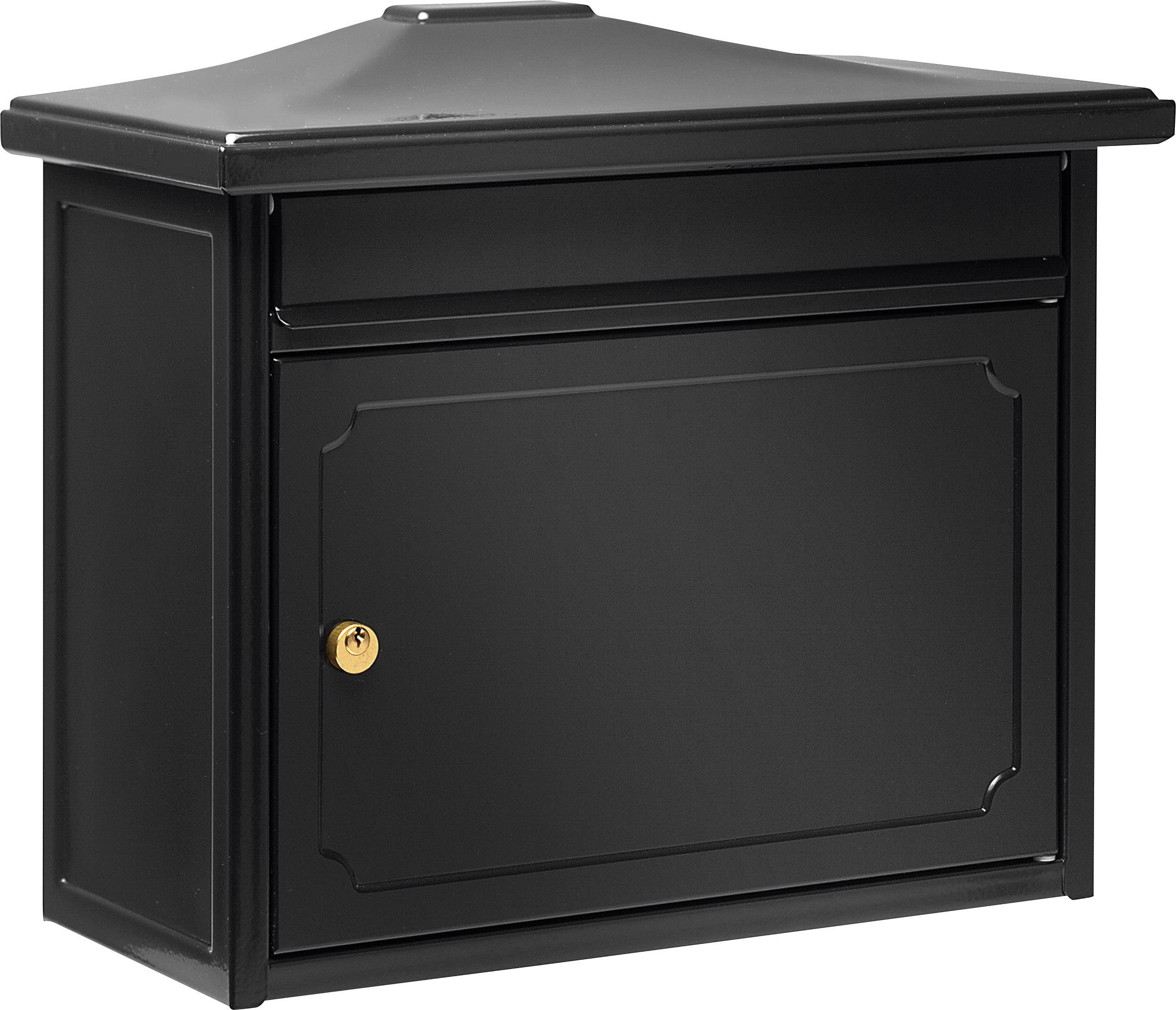 A black letterbox with a rectangular shape, golden lock, and decorative border on the front flap.