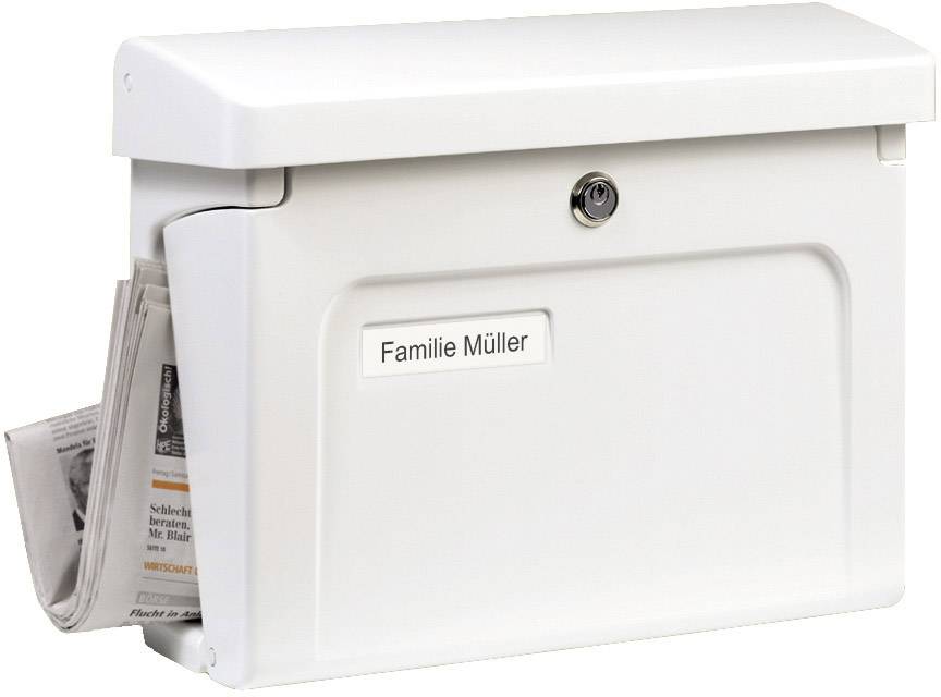 A white letterbox with a lock and a nameplate reading 'Müller Family'. A newspaper is inserted in the newspaper slot on the left.