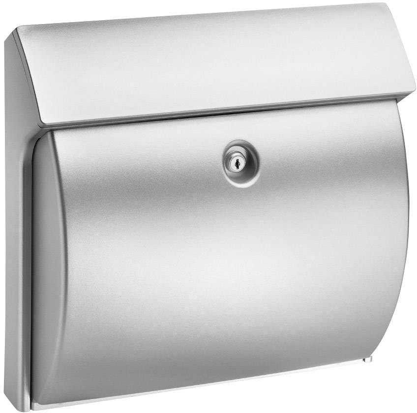 Silver letterbox with a curved front and lock in the centre. Ideal for modern house facades.
