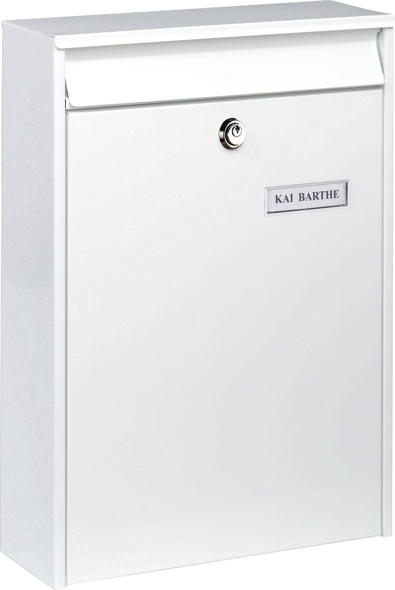A white letterbox with the name plaque 'KAI BARTHE' on the front.