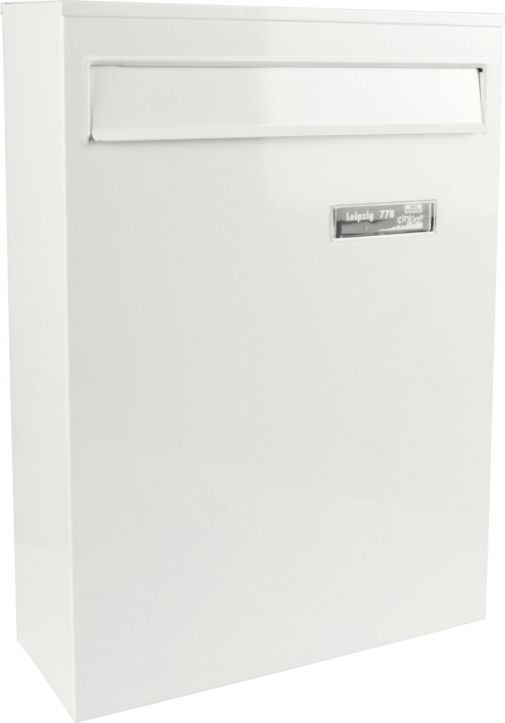 White wall-mounted letterbox with a top-loading letter slot, rectangular in shape, and featuring a name plate.
