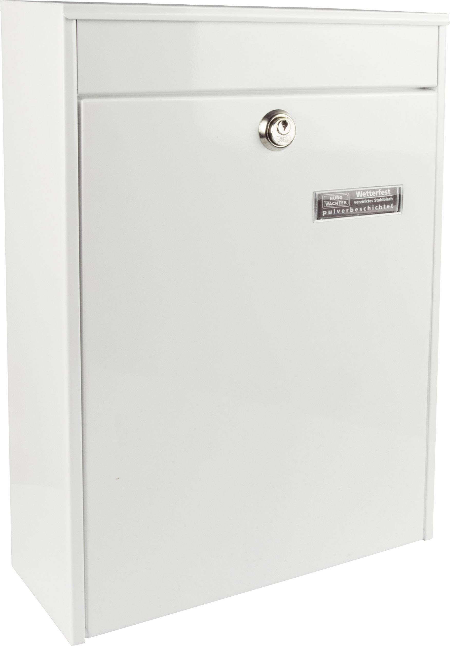 White letterbox with a lock on the front, rectangular shape, suitable for outdoor use.