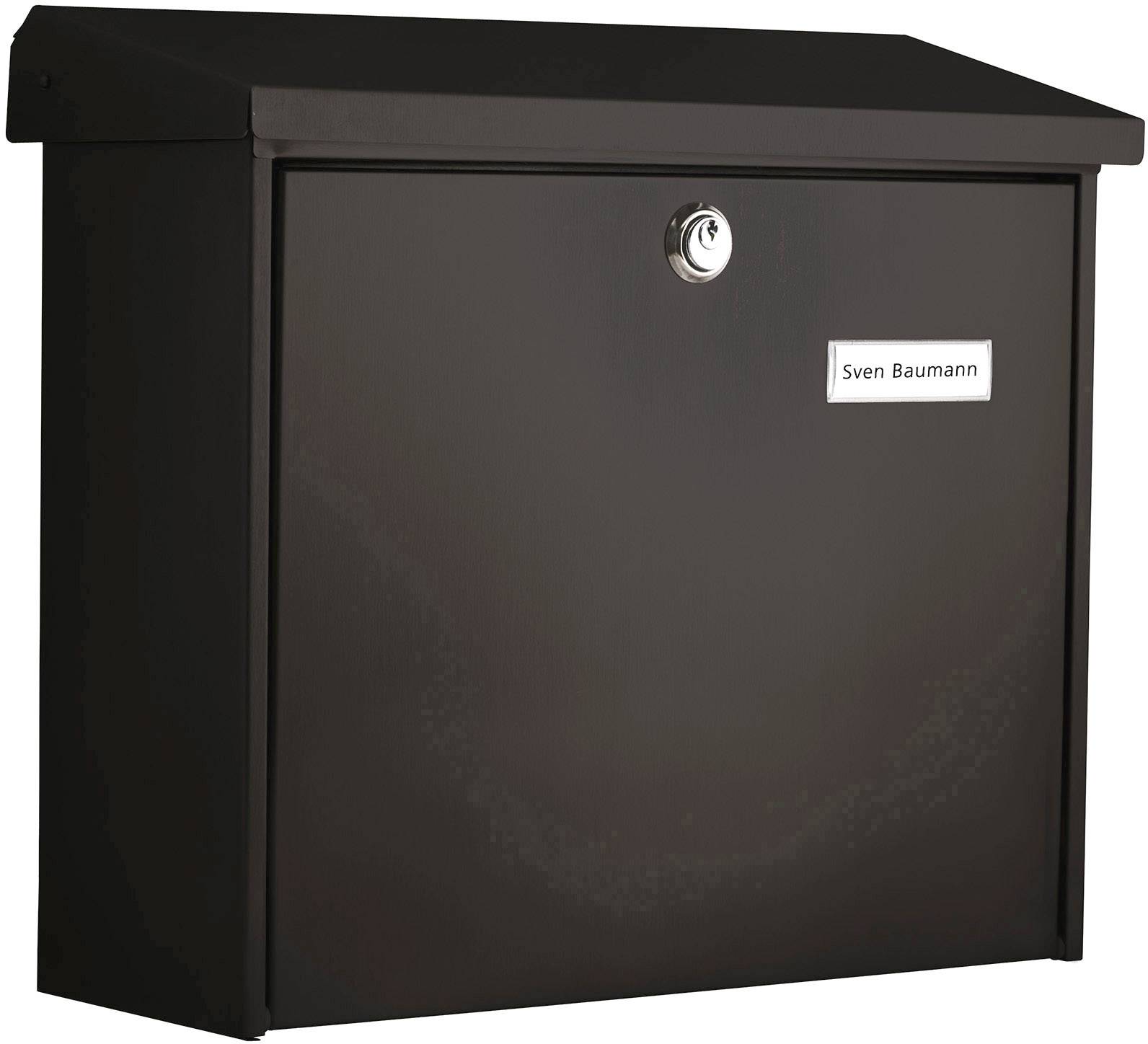 Black letterbox with a locked padlock and a nameplate reading 'Sven Baumann' on the front.
