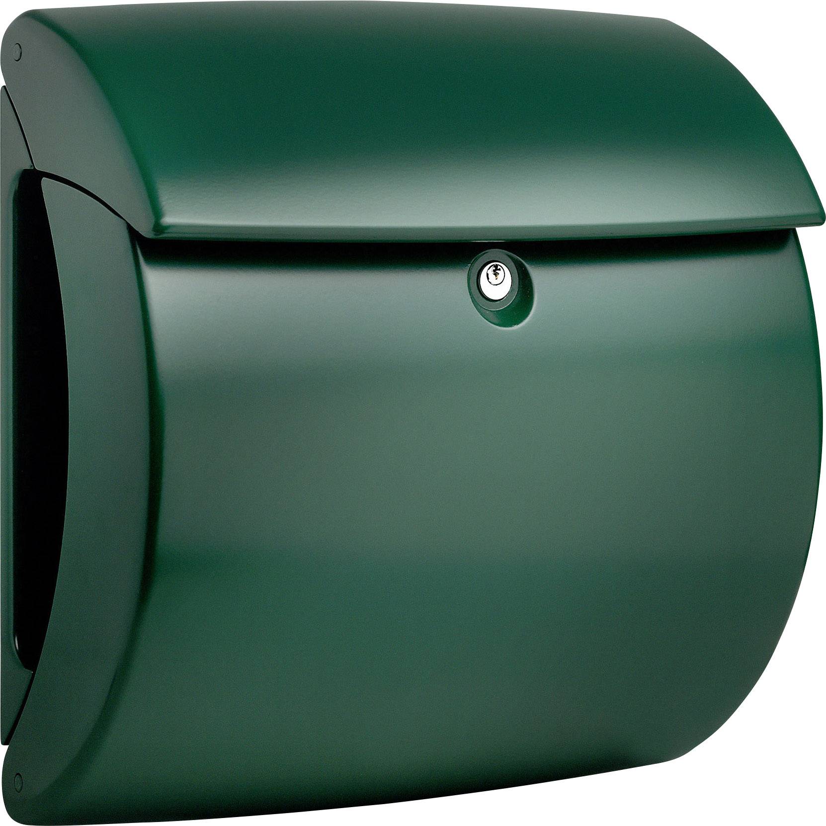 Green postbox with rounded design and front closure.