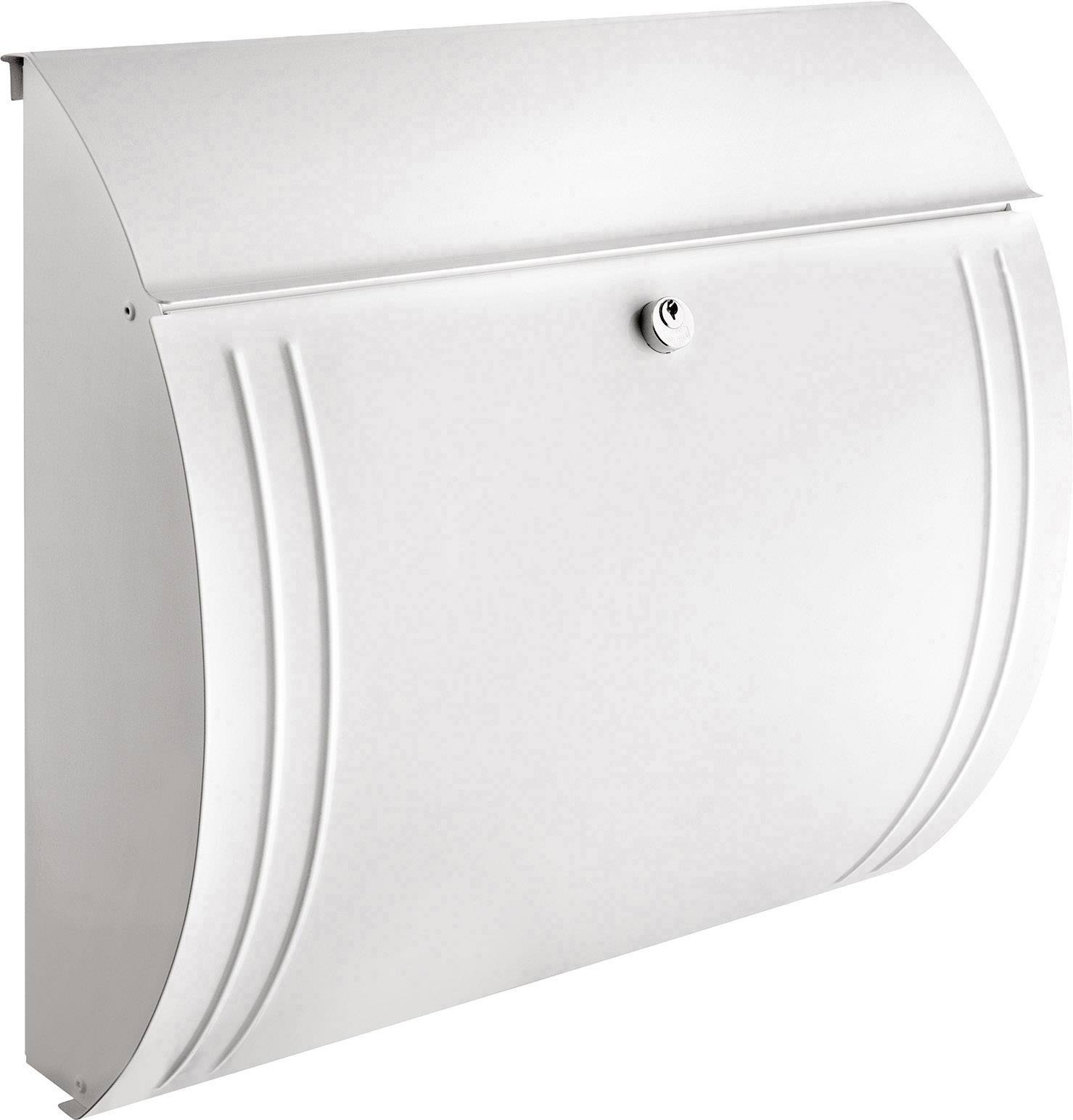 White, modern letterbox with curved decorative elements, viewed slightly from the side, with a key opening at the top.