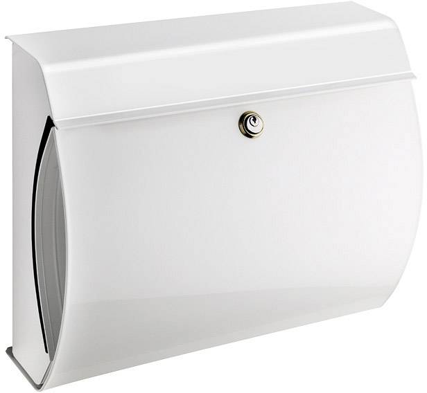 A white, rectangular letterbox with a curved front and a lock in the centre.
