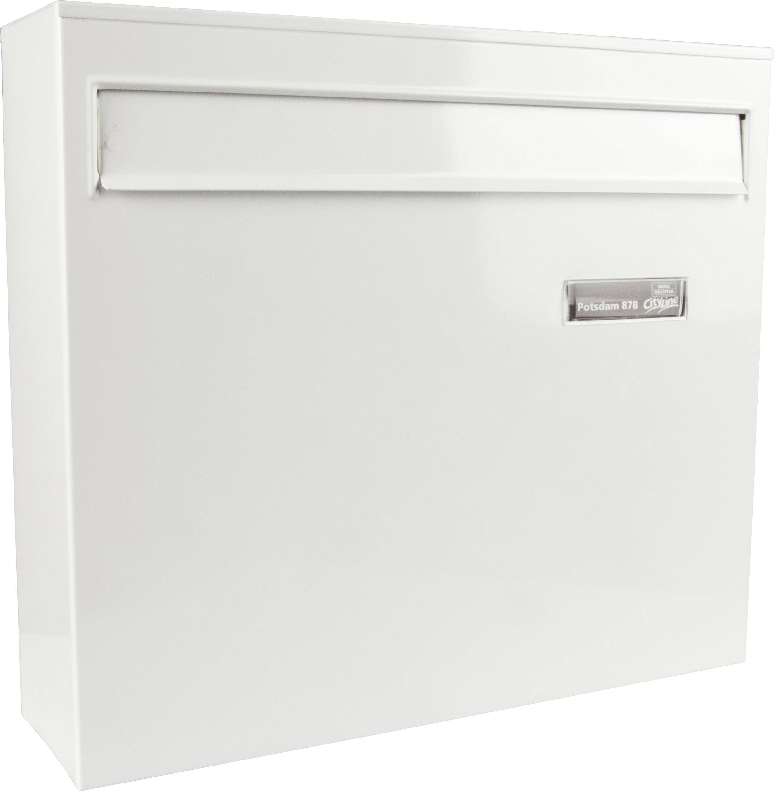 A white letterbox with a slot at the top and a sign reading 'Feldstr. 99b GF54h'.