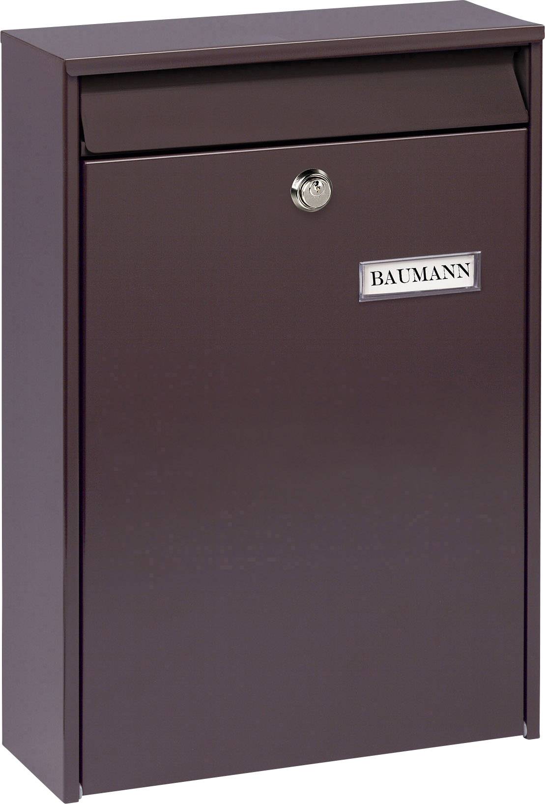 A brown letterbox with a nameplate 'BAUMANN' on the front, secured with a lock at the top.