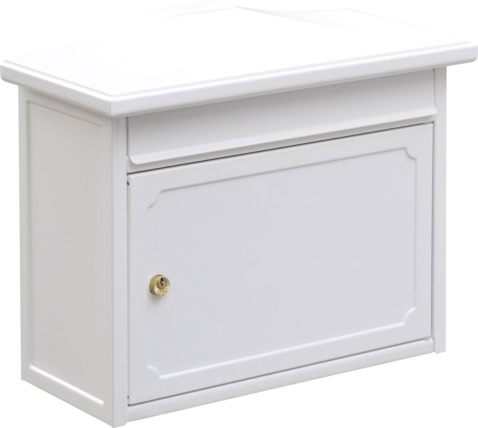 A white wall-mounted letterbox with a lockable door and gold handle, suitable for outdoor use.