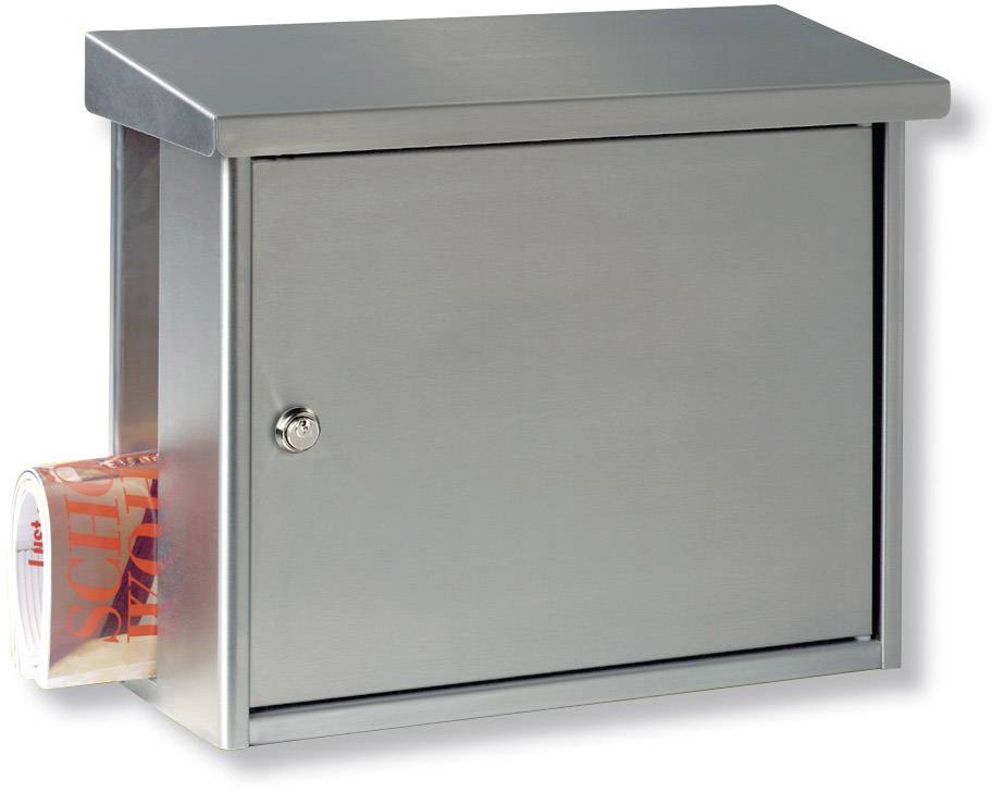 A metal letterbox with a lock. A newspaper is inserted in the newspaper slot on the left side.
