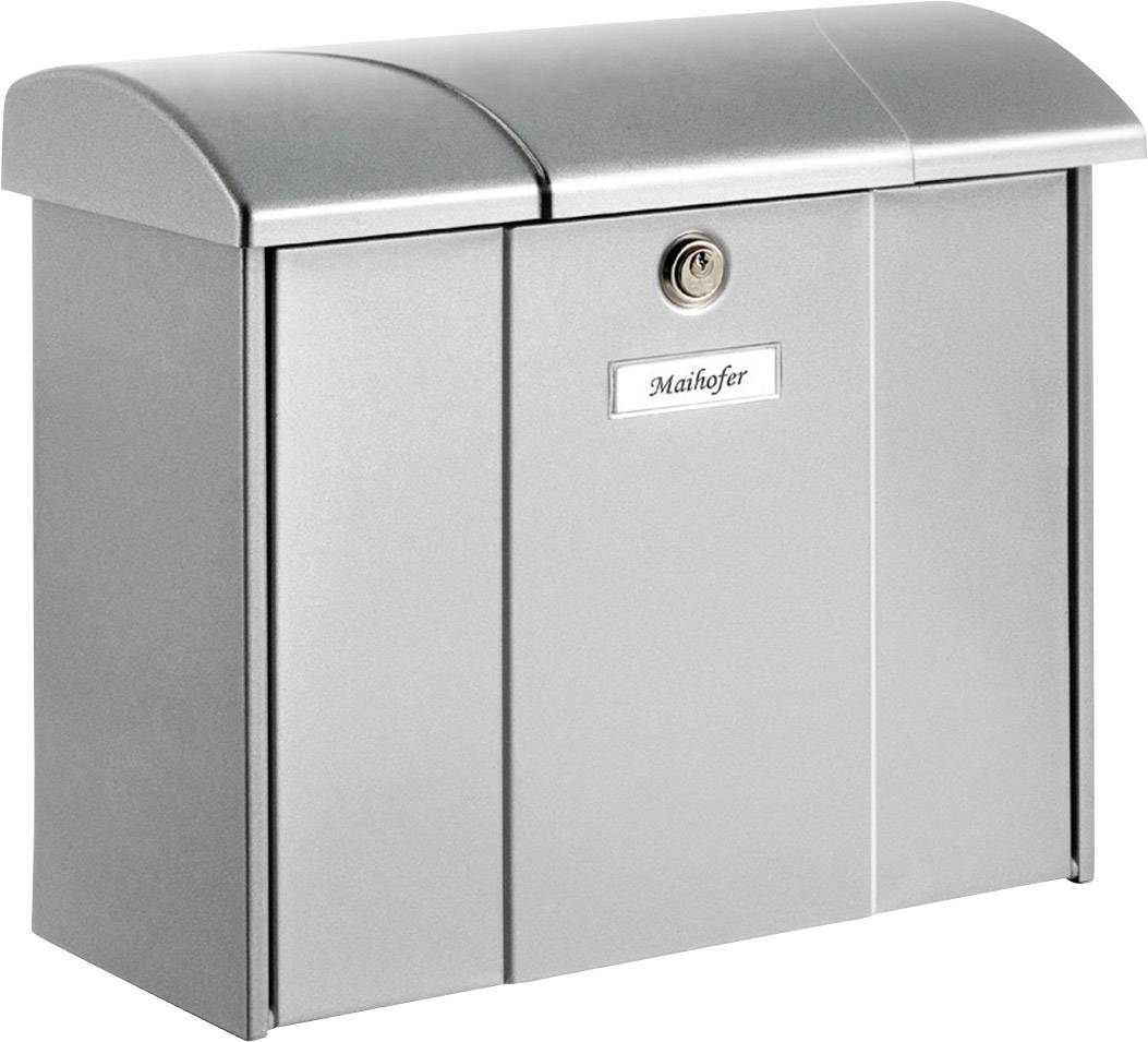 Silver letterbox with a curved lid and lock. On the front, a name plate with the inscription 'Maishofer' is attached.