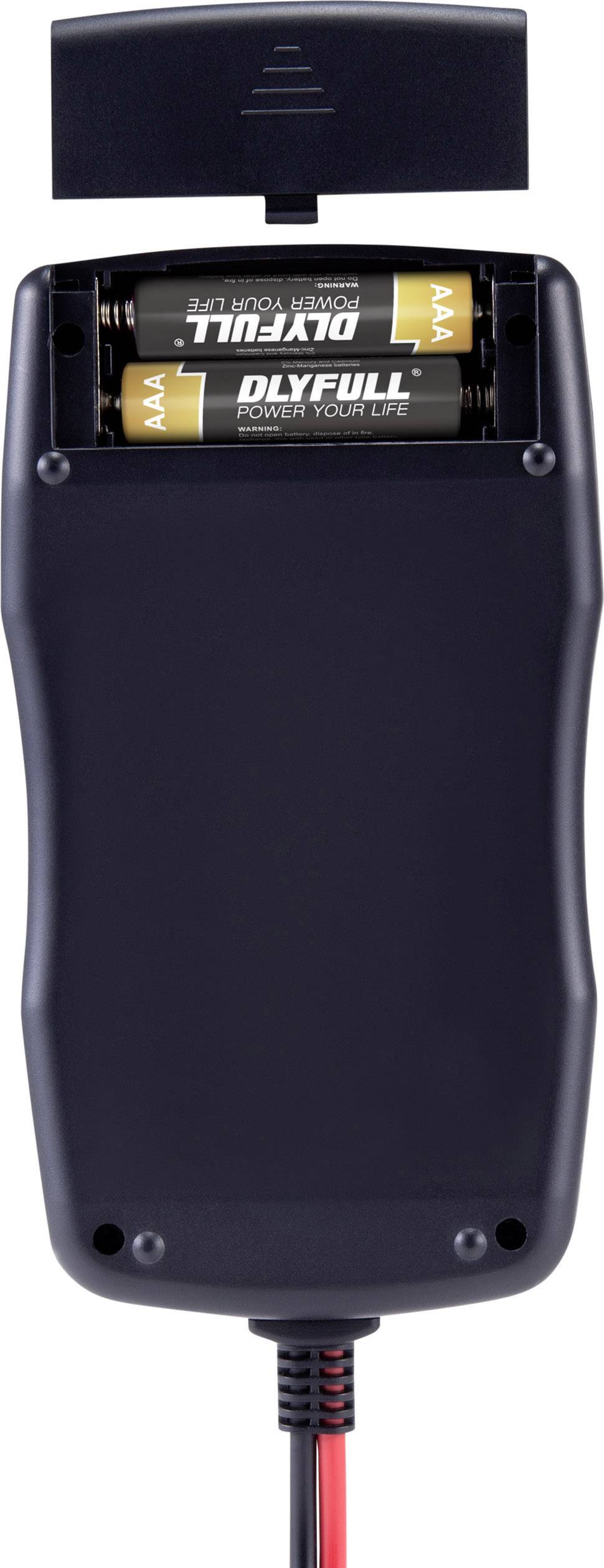 An open black device shows two AAA batteries in its compartment. The battery compartment is sealed with a removable lid.