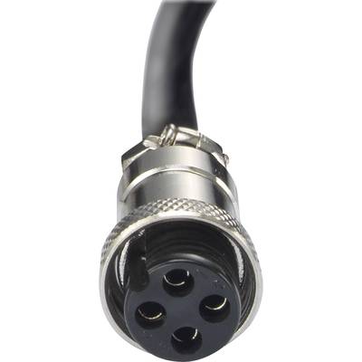 A round, metallic connector with four circular holes on a black cable.