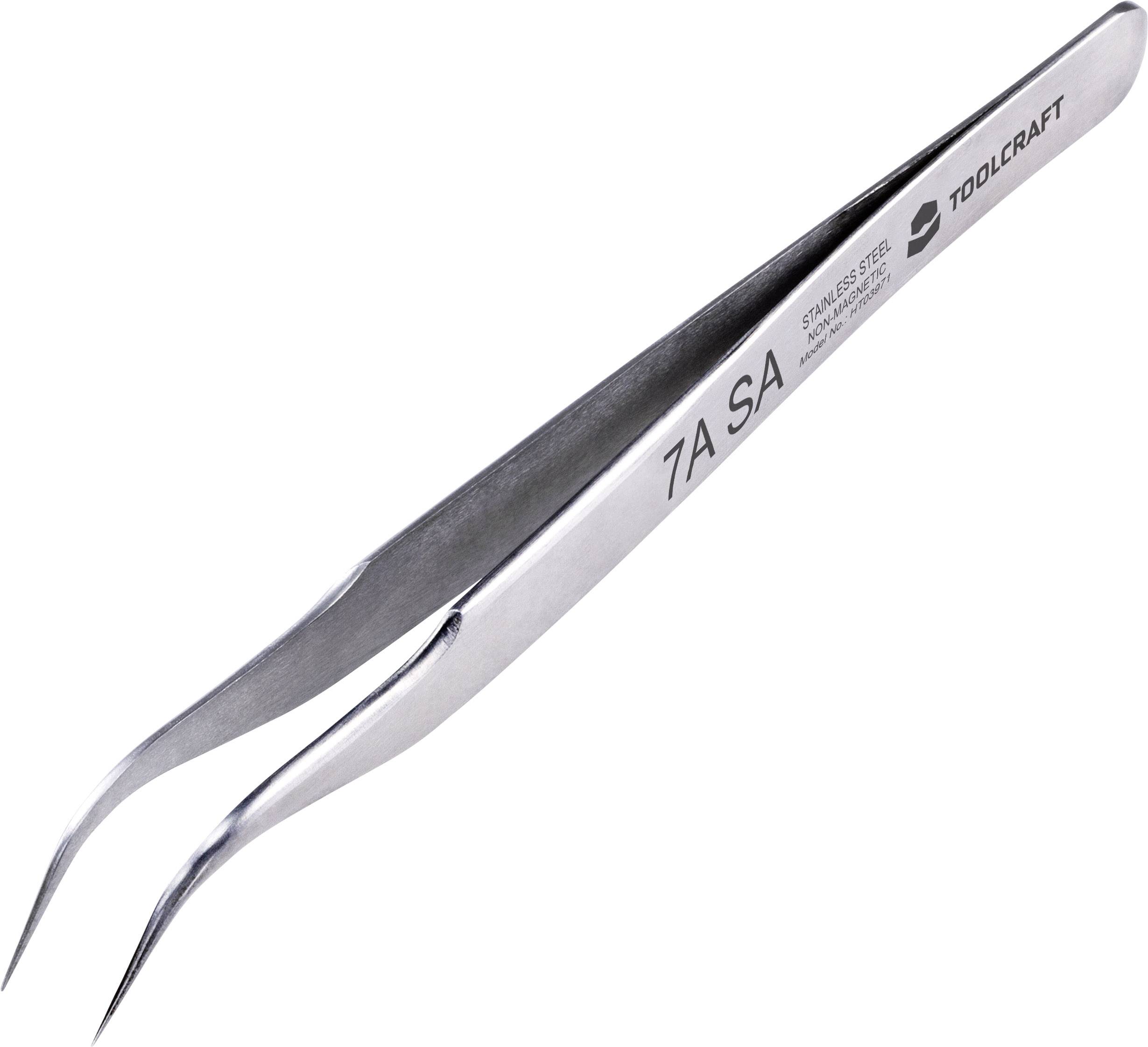 A silver, tapered pair of tweezers manufactured from stainless steel, featuring the inscriptions '7A SA' and 'TOOLCRAFT'.