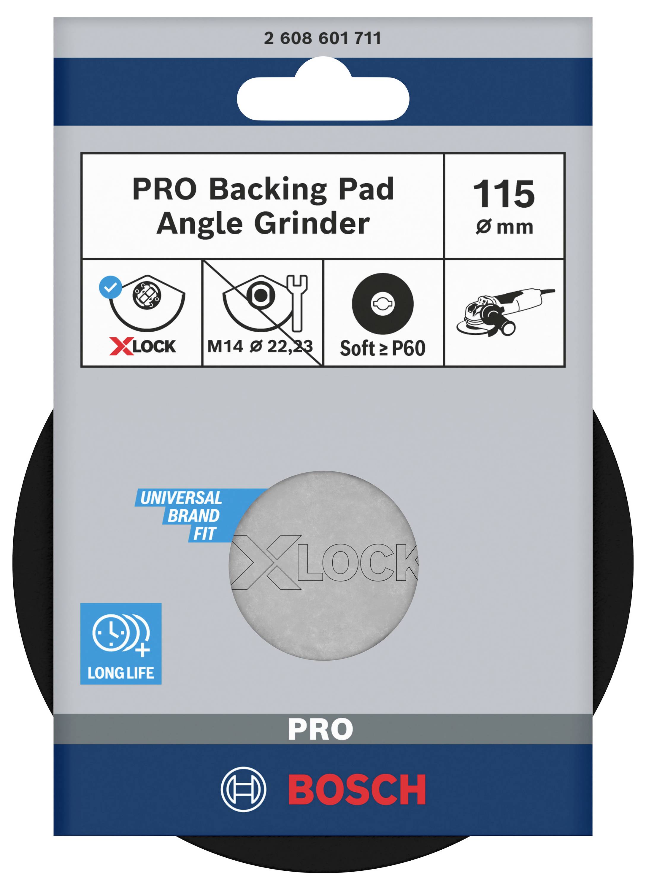 Packaging of a Bosch sanding disc with X-Lock system, diameter 115 mm for angle grinder. Suitable for M14 and P60. Long service life.